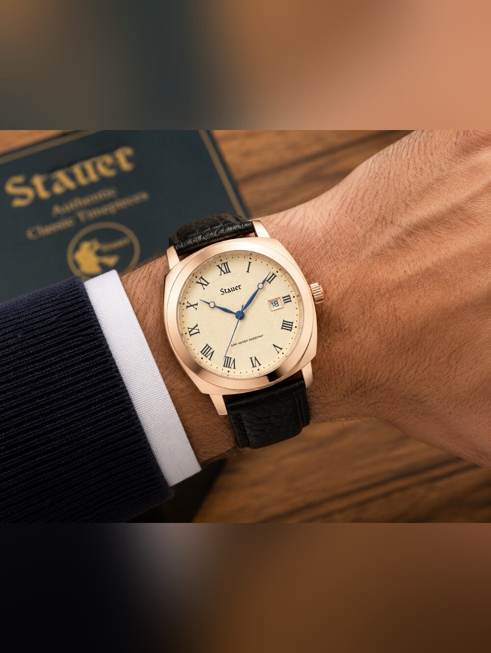 Stauer Men's Rose Gold Tone Date Watch Black Genuine Leather Strap NWT Boxed